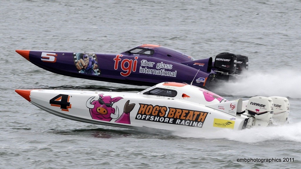 ’FGI’ and ’Hog’s Breath’ battled it out all thed way in Supercat Outboard Lite, with ’FGI’ claiming honours by just 25 seconds. - Newcastle offshore © Reg Blunt http://www.embphotographics.com.au